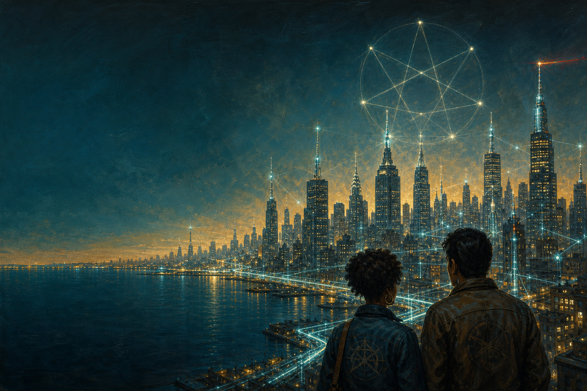 Meridian skyline, two figures — Codex teaser background