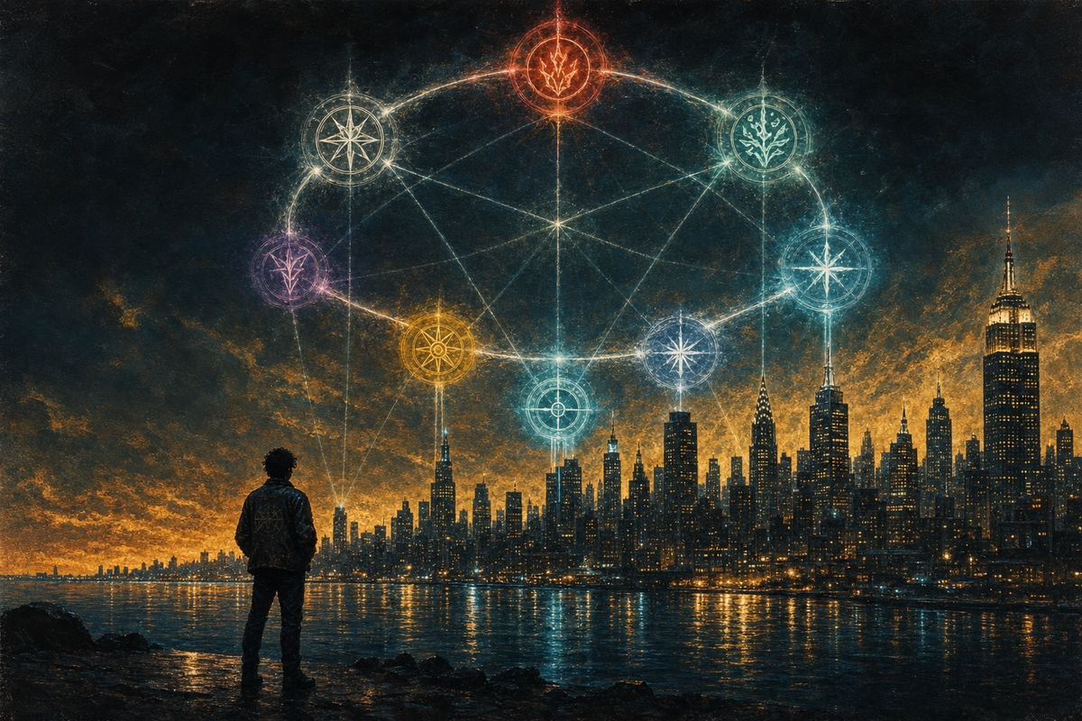 Singularity — the Meridian skyline beneath the seven-point faction ring, homepage hero